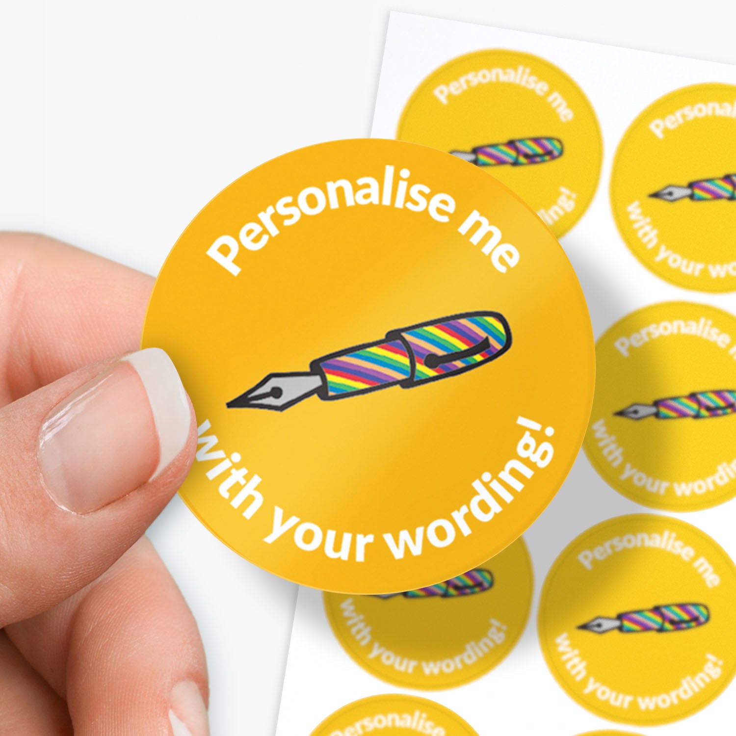 Yellow circular sticker with a pen icon and text 'Personalise me with your wording!' held by a hand.