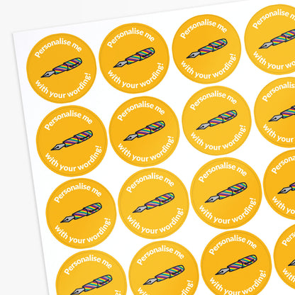 Sheet of round stickers with text and pen illustration on a yellow background