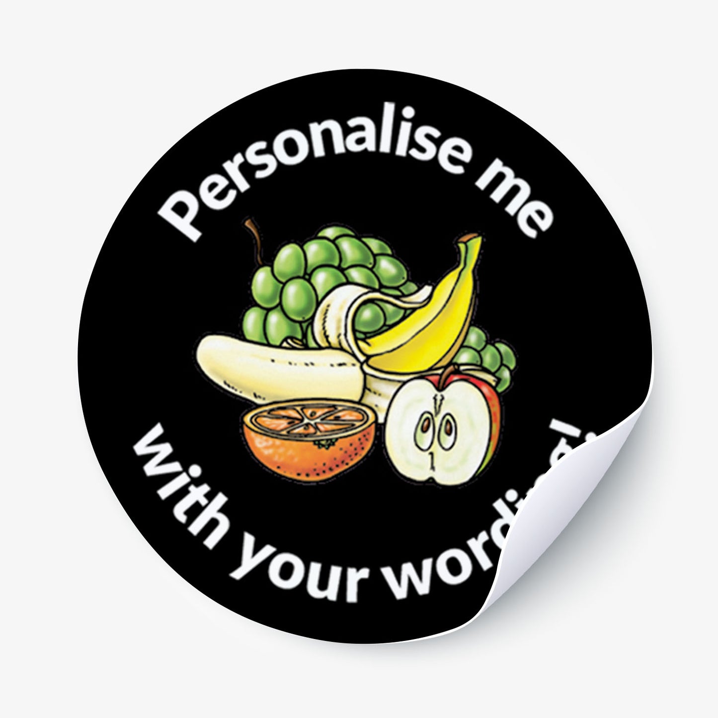 Round sticker with fruits and text 'Personalise me with your words!' on a black background