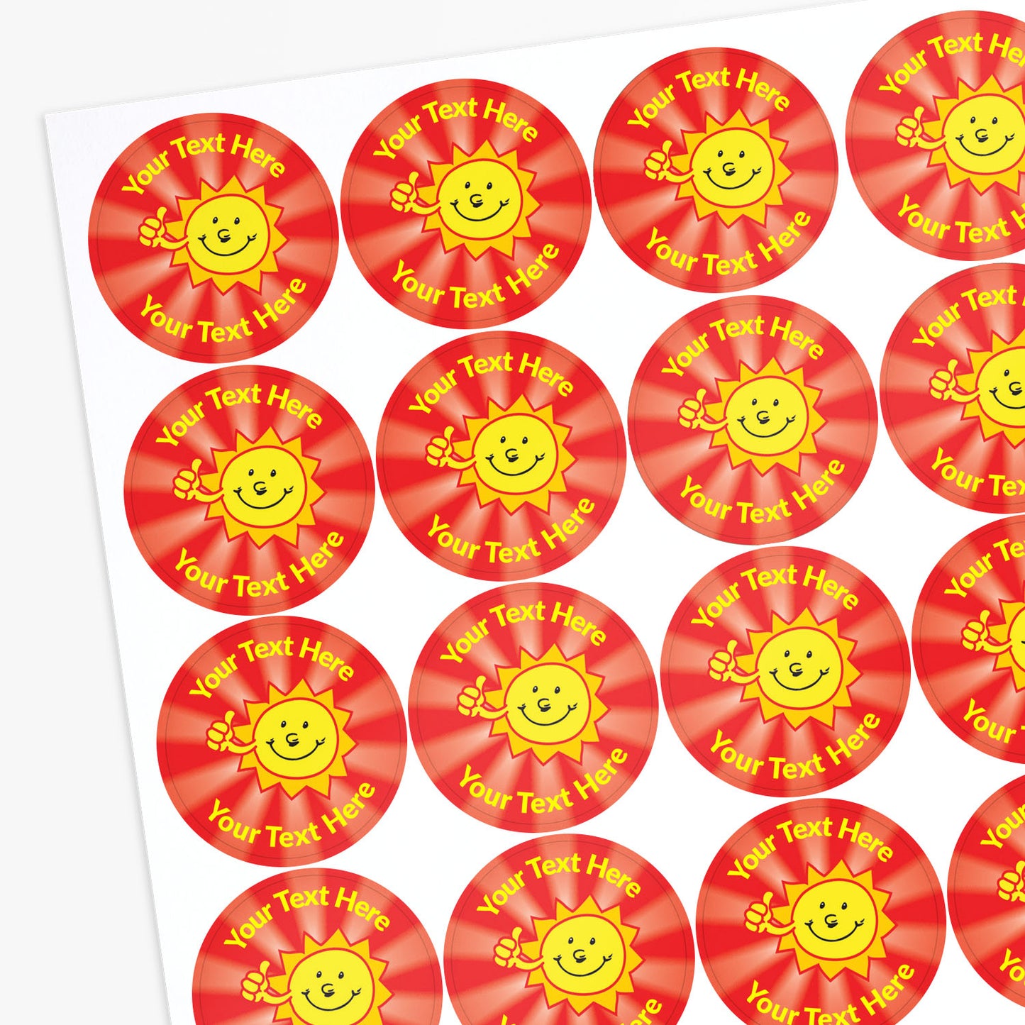 Sheet of red stickers with yellow sun designs and customisable text.