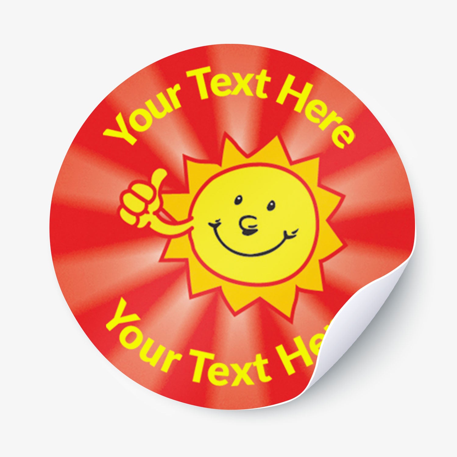 Round red sticker with a yellow sun and customizable text on a white background