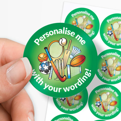 Green sticker with sports icons and text 'Personalise me with your wording!' held by a hand.
