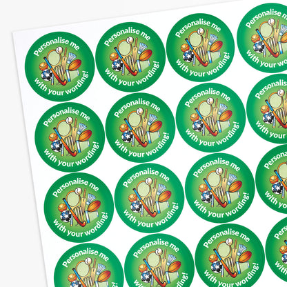 Sheet of green stickers with sports-themed designs and personalised text.