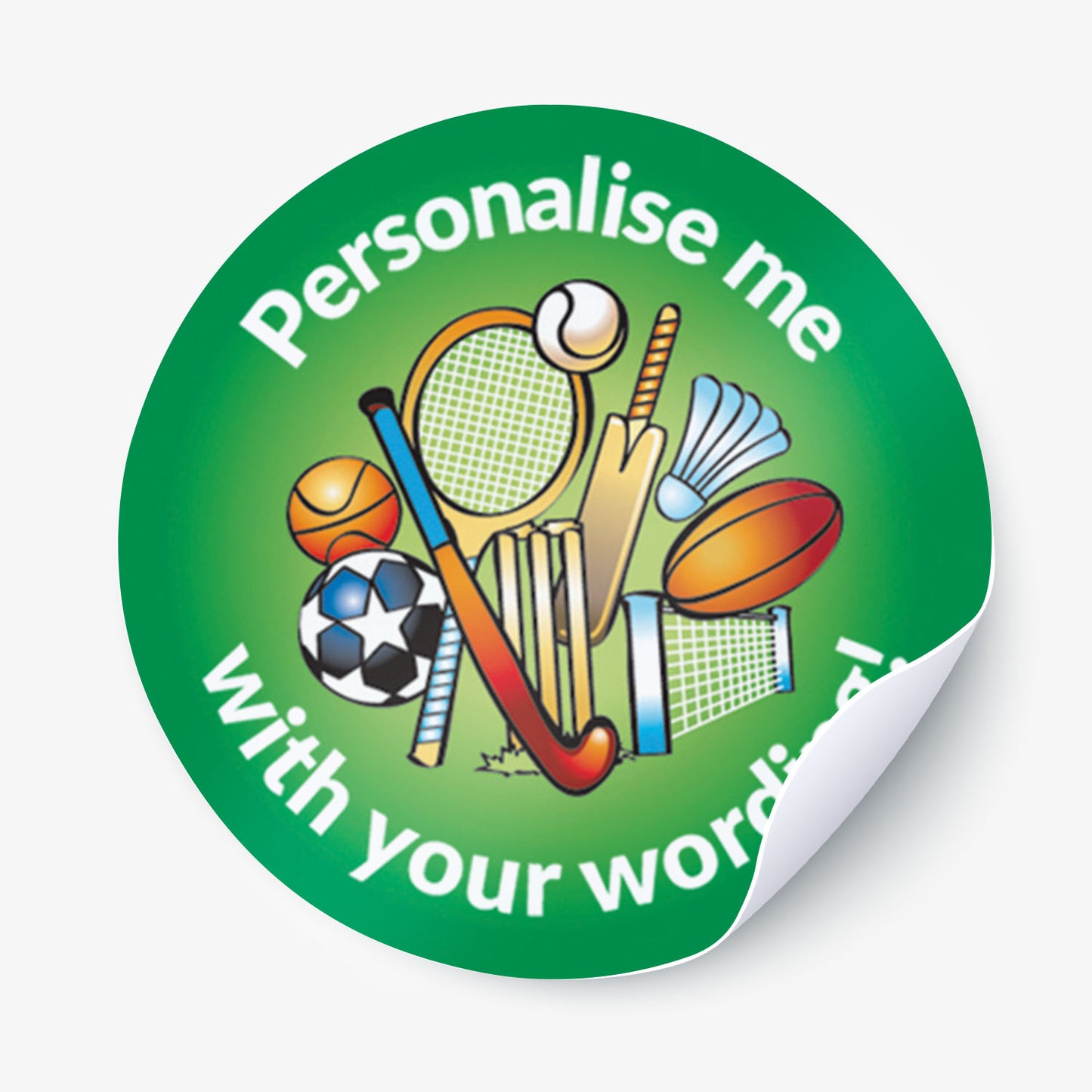 Round green sticker with sports-themed icons and text 'Personalise me with your words' on a white background.