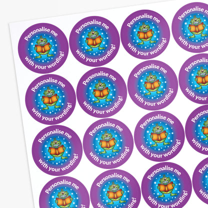 Sheet of personalised stickers with cartoon character and personalised text.