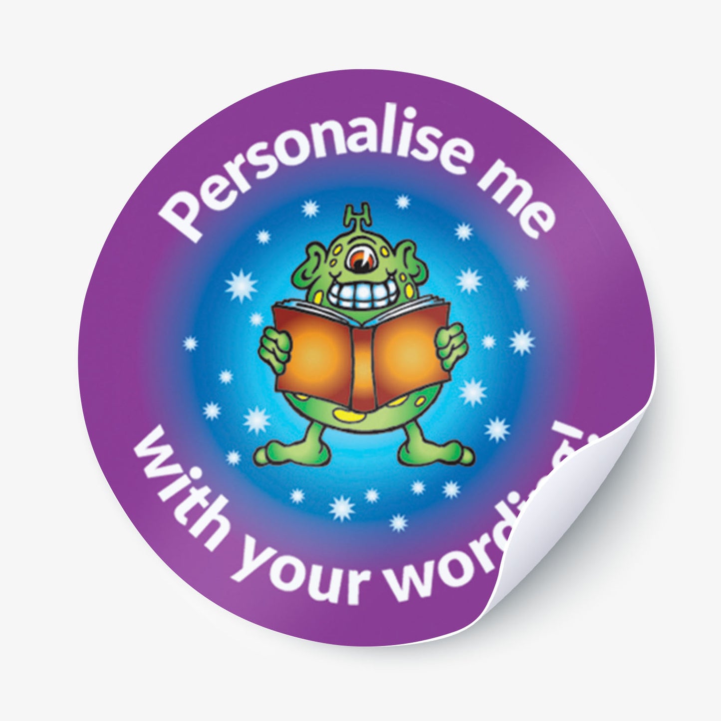 Round sticker with a green monster reading a book, surrounded by stars, on a purple background with text 'Personalise me with your words'.