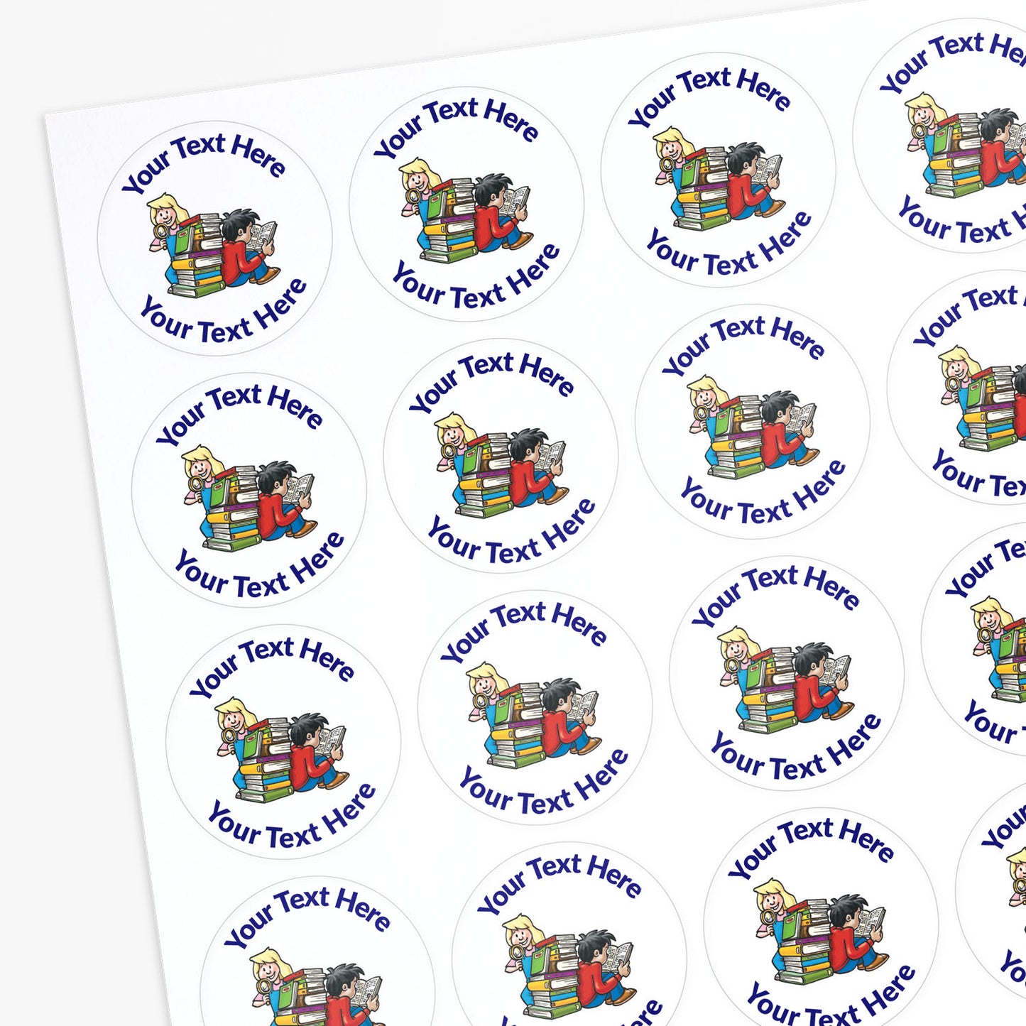 Stickers with cartoon characters and customisable text.