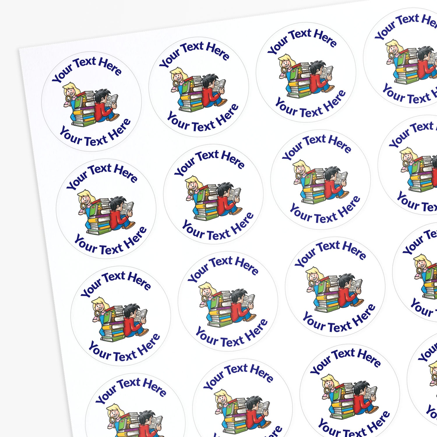 Stickers with cartoon characters and customisable text.