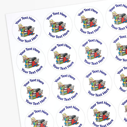 Stickers with cartoon characters and customisable text.