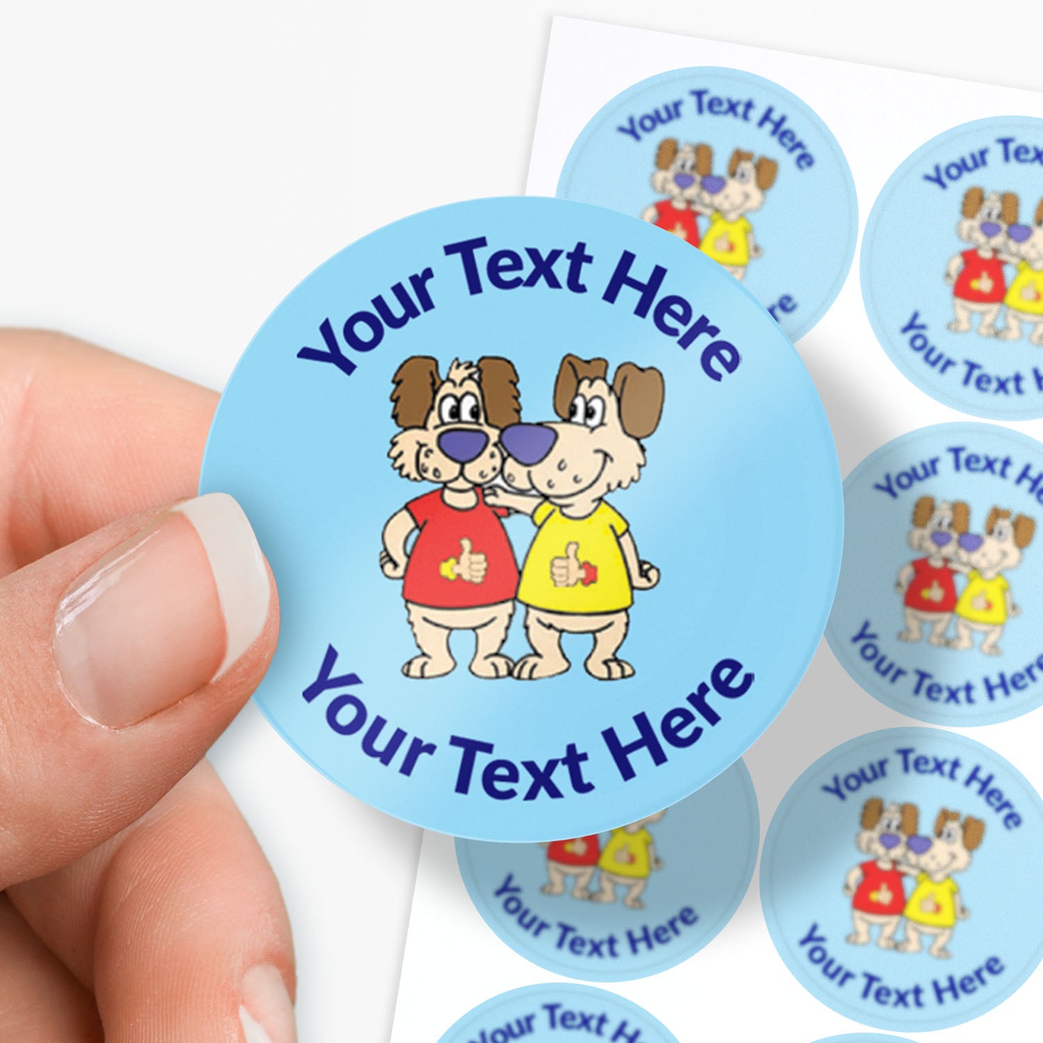 Personalizable stickers with cartoon dog characters and customizable text held by a hand.