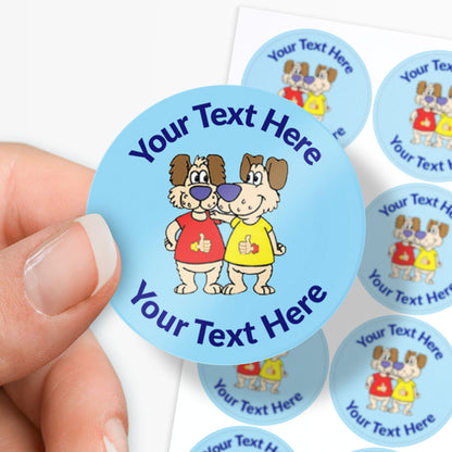 Personalizable stickers with cartoon dog characters and customizable text held by a hand.