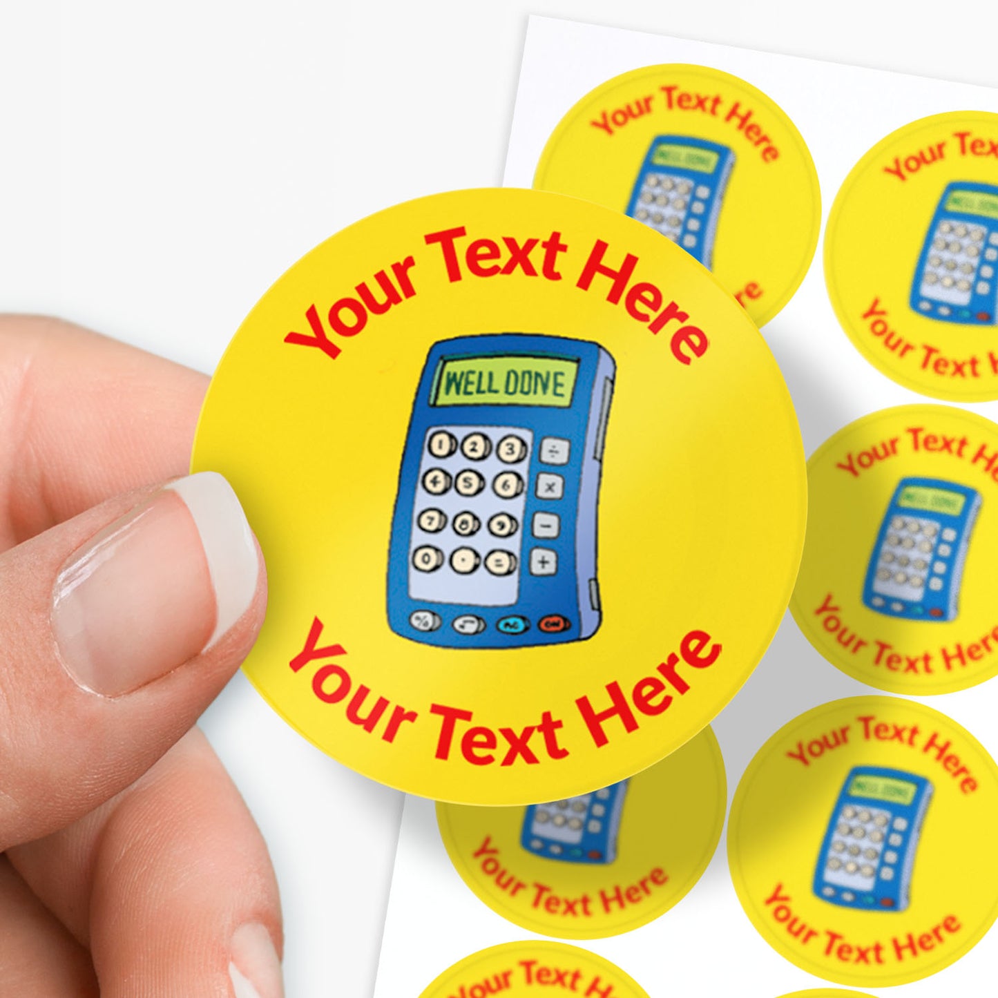 Hand holding a yellow sticker with a blue calculator graphic and 'Your Text Here' text.