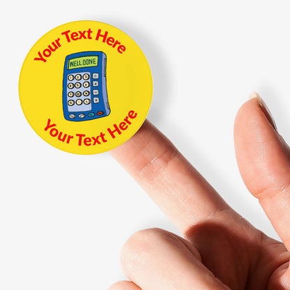 Round yellow sticker with calculator graphic and text space, held by a finger on a white background