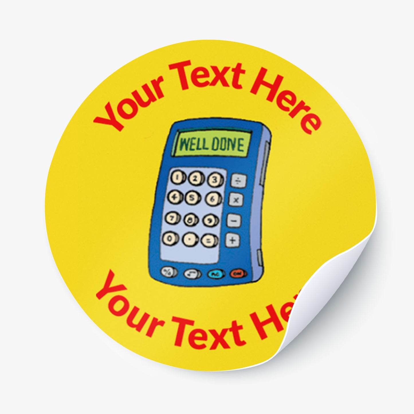 Round sticker with a blue calculator illustration and 'Your Text Here' text on a yellow background
