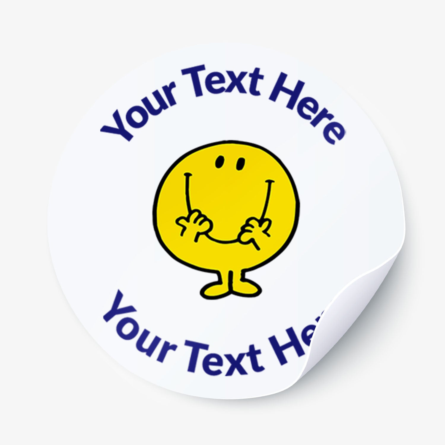 Yellow Mr Men character sticker with customisable text on a white background.