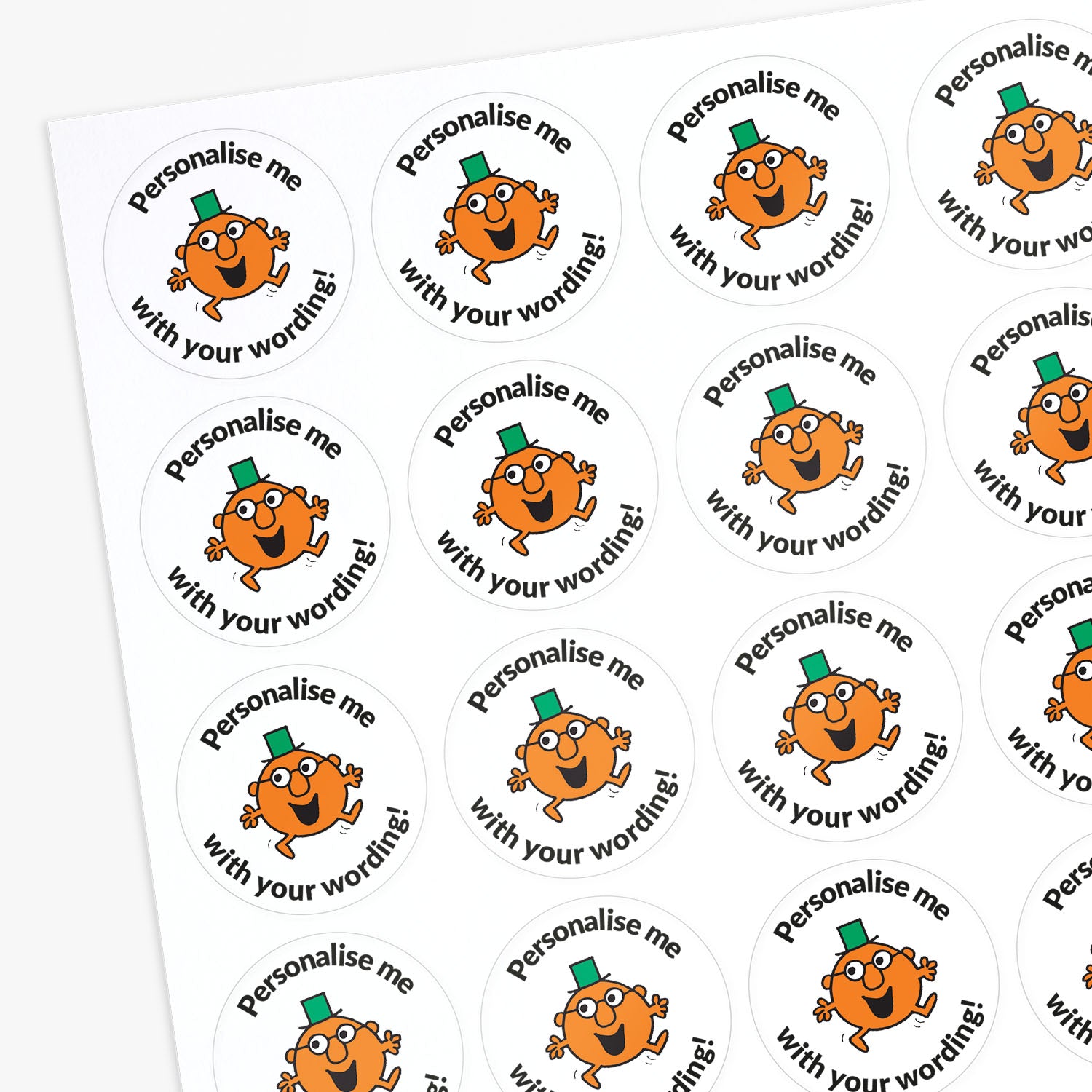 Circular stickers with an orange Mr Men character and text on a white background.