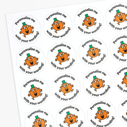 Circular stickers with an orange Mr Men character and text on a white background.