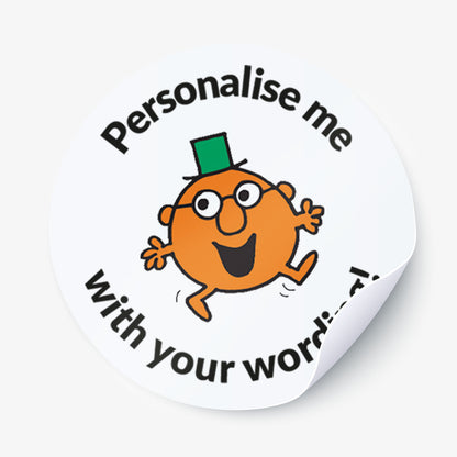 Circular sticker with a Mr Men character wearing a green top hat and text 'Personalise me with your word'.