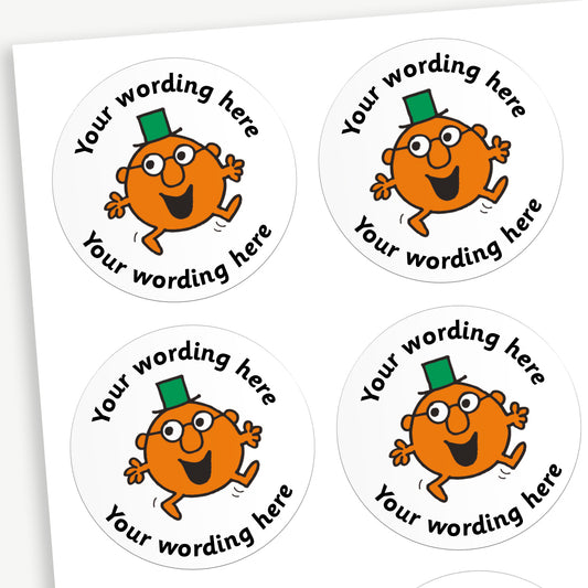 A sheet of white stickers featuring Mr Clever in the centre.  Placeholder text 'Your wording here' is above and below the image for customisation.