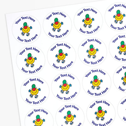 Sheet of personalised stickers with a Mr Men character and customisable text.