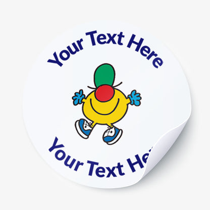 Personalisable sticker with a Mr Men character and text space on a white background.