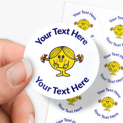 Personalizable sticker with a Little Miss  and customizable text, held by a hand.