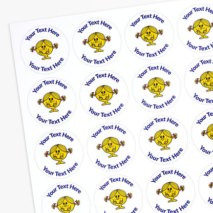 Sheet of personalised stickers with a yellow Little Miss character and customisable text area.