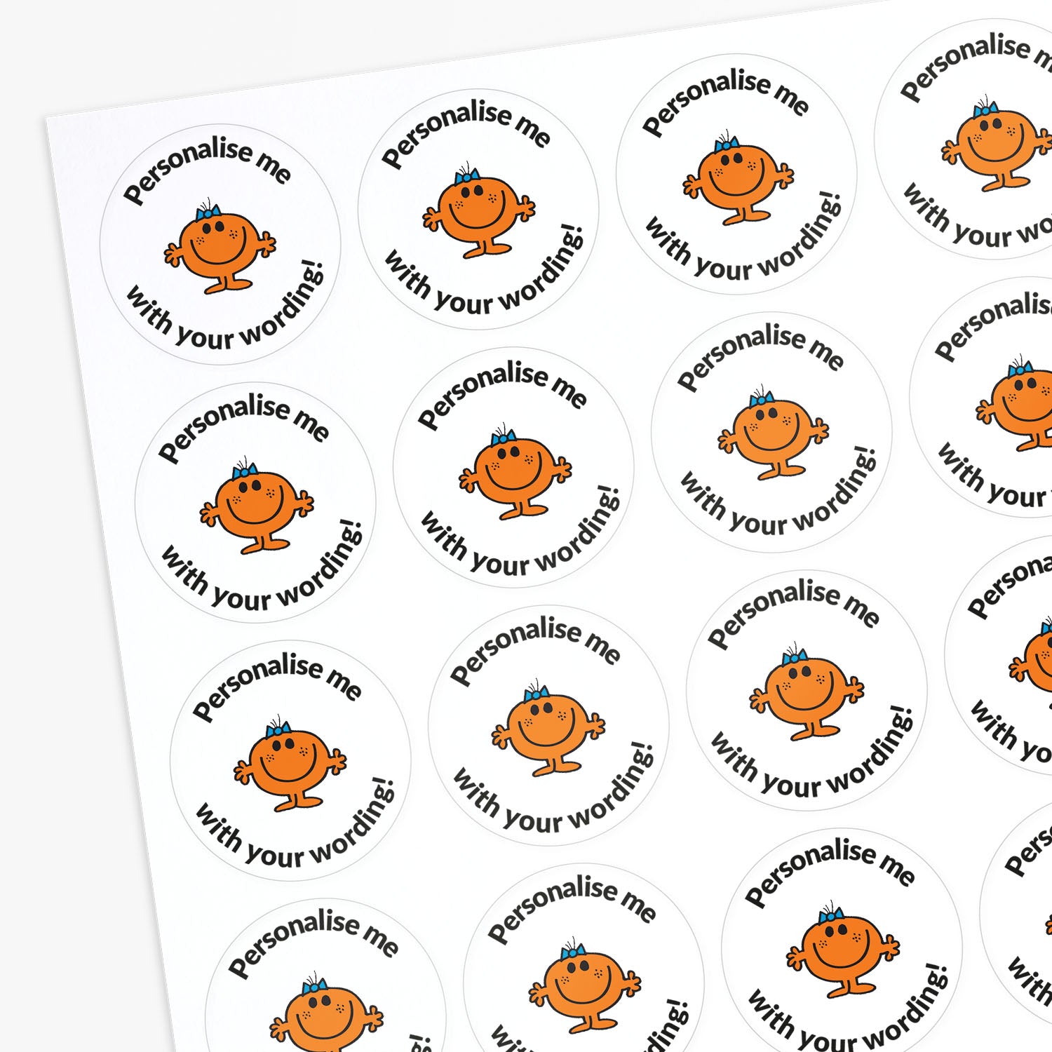 Sheet of round stickers with orange Mr Men characters and text on a white background.