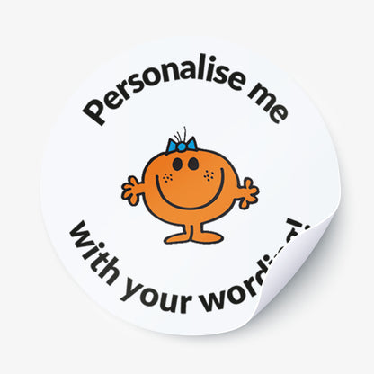 Circular sticker with an orange Little Miss character and text 'Personalise me with your word' on a white background.