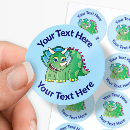 Personalisable stickers with a green dinosaur design and customisable text.