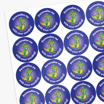 Sheet of personalised stickers with dinosaur design and text.