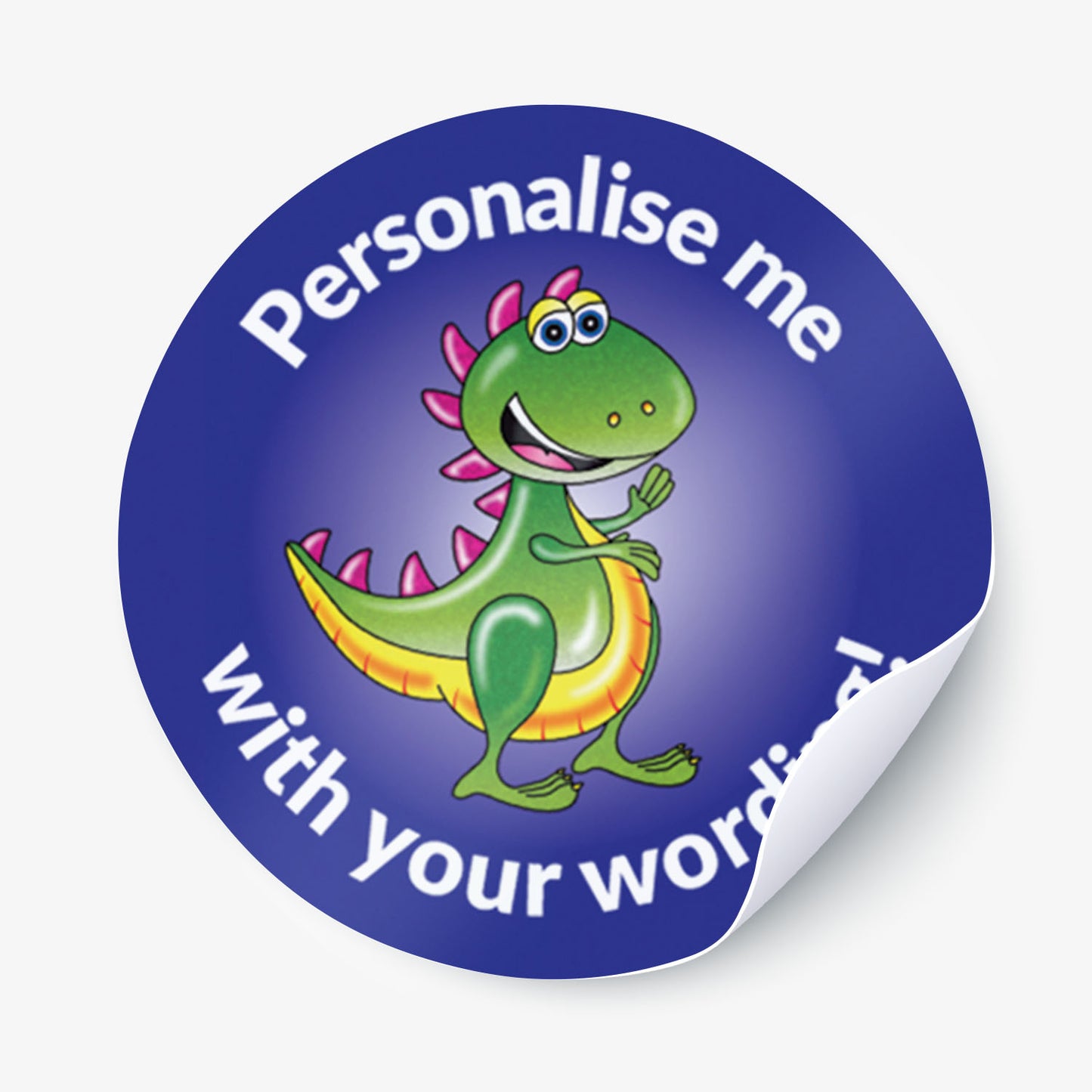 Round sticker with a dinosaur graphic and text on a white background.