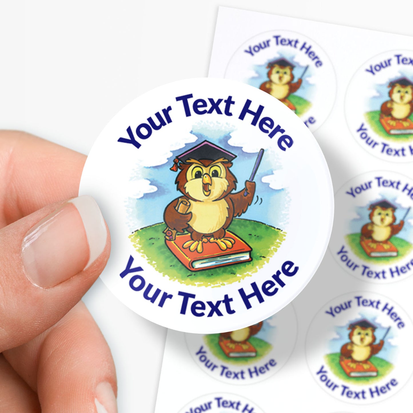 Personalizable sticker with an owl character holding a book and a graduation cap, held by a hand.