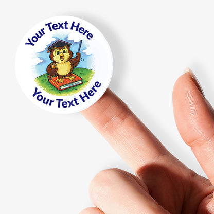 Personalizable sticker with an owl design held by a finger on a white background