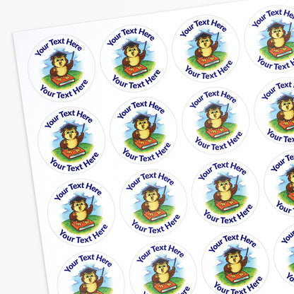 Sheet of personalised stickers with an academic owl illustration and customisable text area.