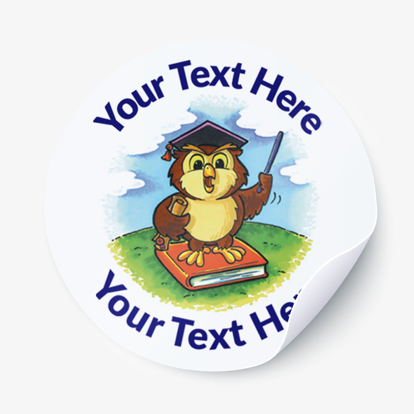 Sticker with a cartoon owl holding a book and a graduation cap, with space for text on a white background.