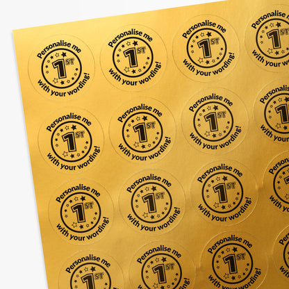 Sheet of gold circular stickers with 'Personalise me' text.
