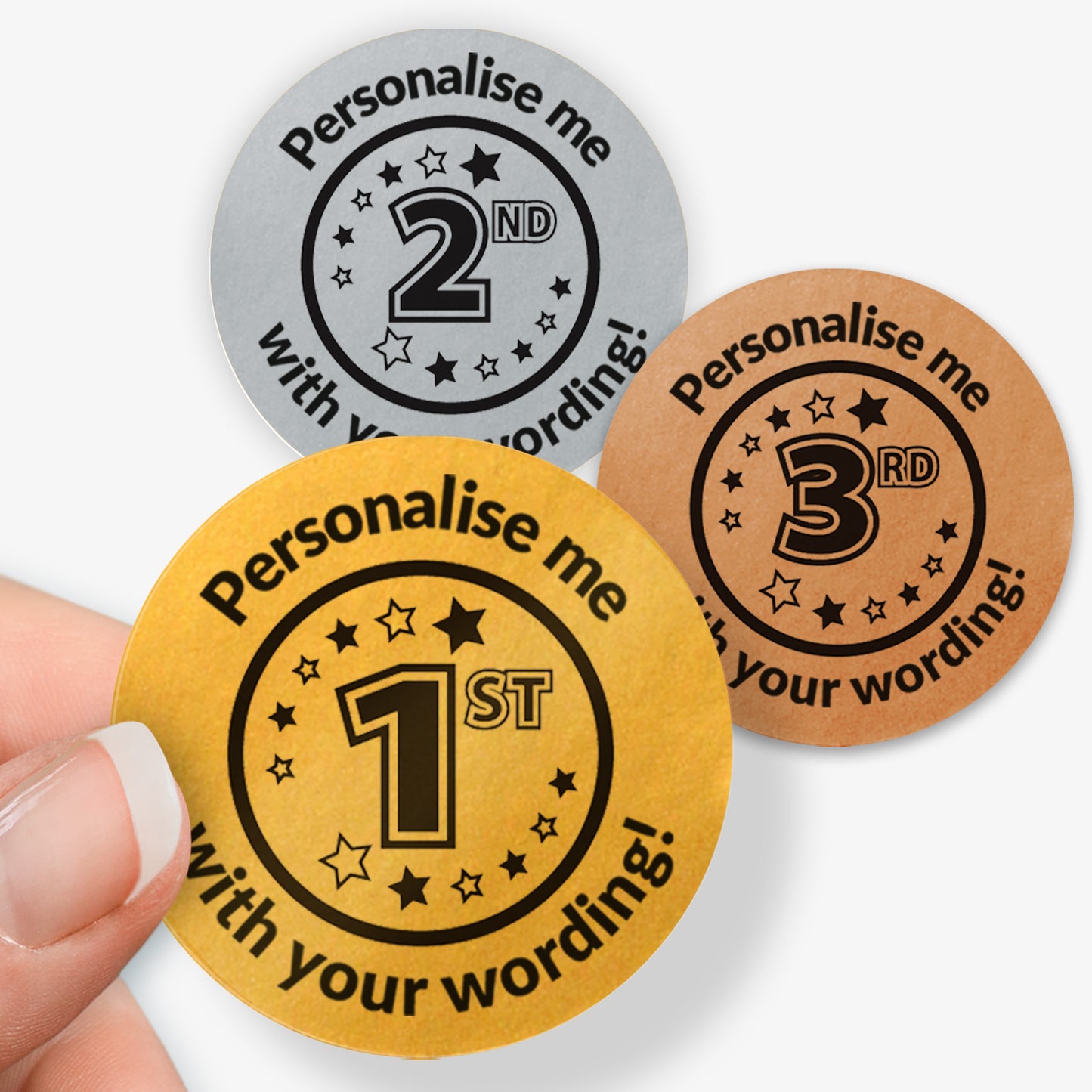 Three round stickers with numbers and text 'Personalise me' on a white background.