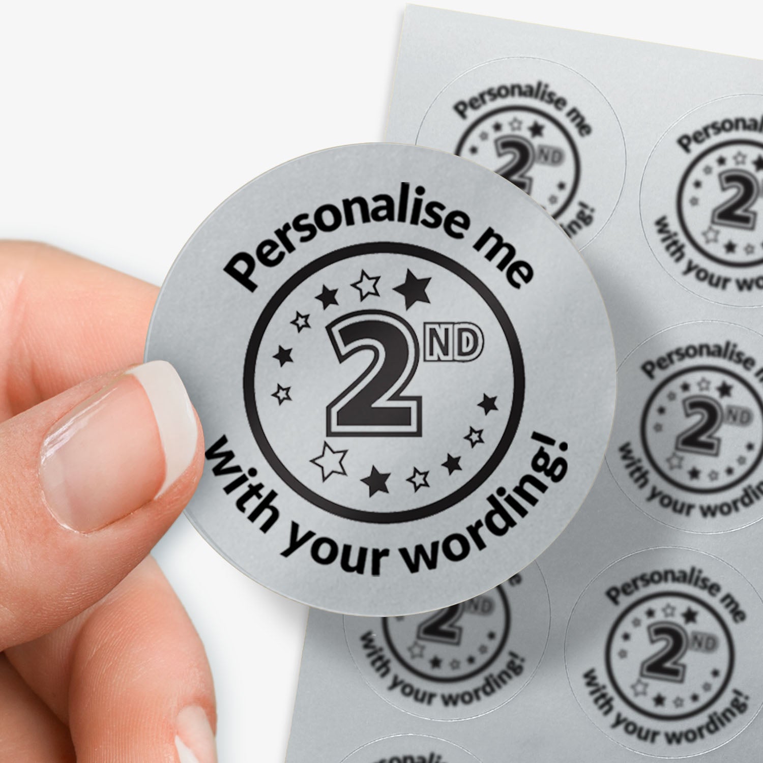 Circular 2nd sticker with text 'Personalise me with your wording!' held by a hand.