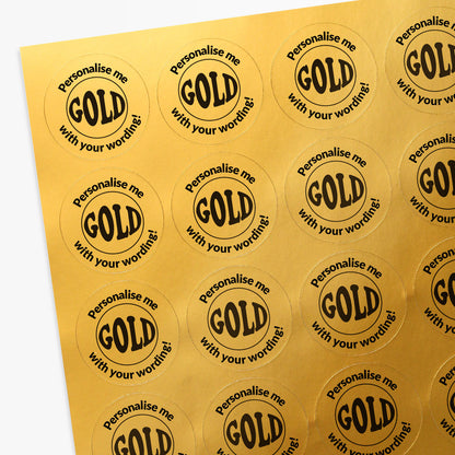 Sheet of gold personalised stickers with 'Personalise me' text.