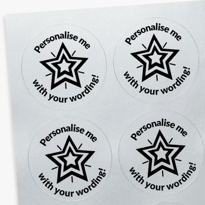 Four round stickers with star designs and text on a silver background