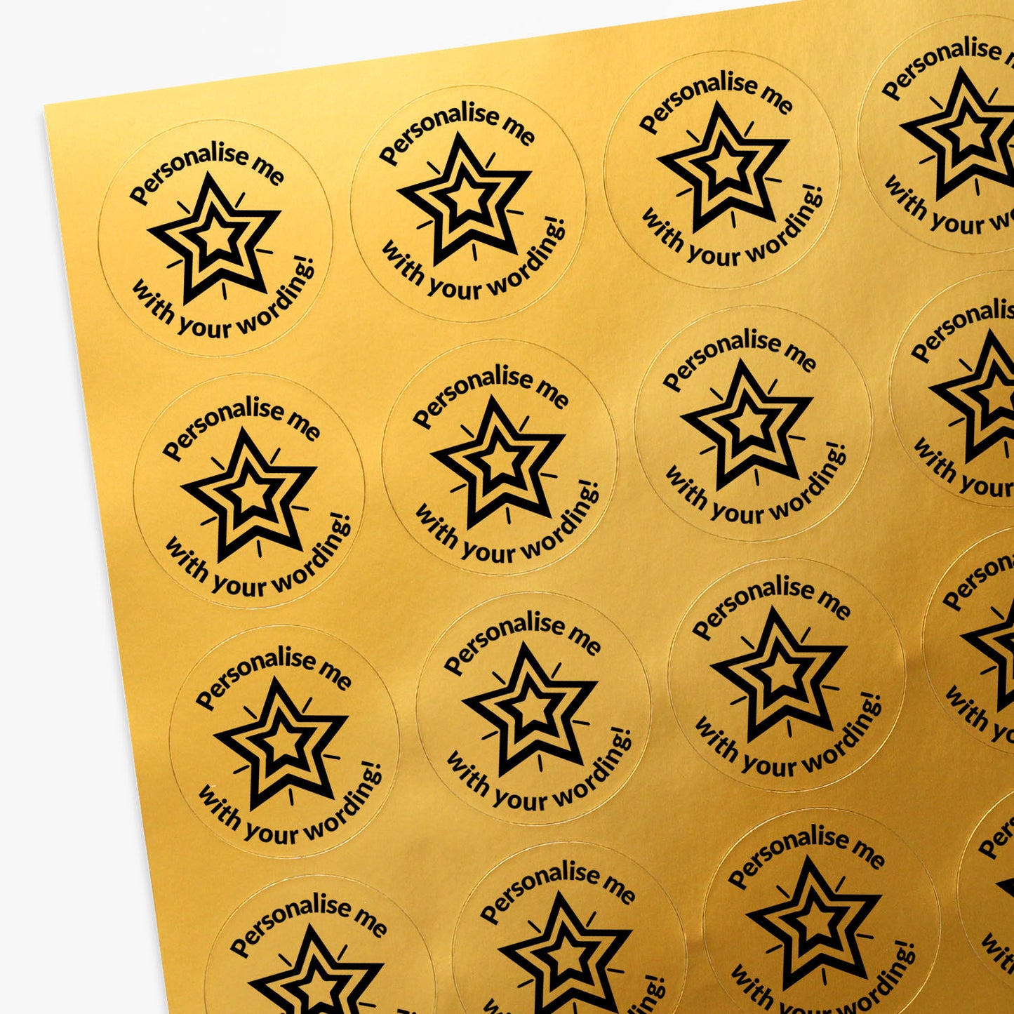 Personalised sheet of gold round stickers with star design and text.