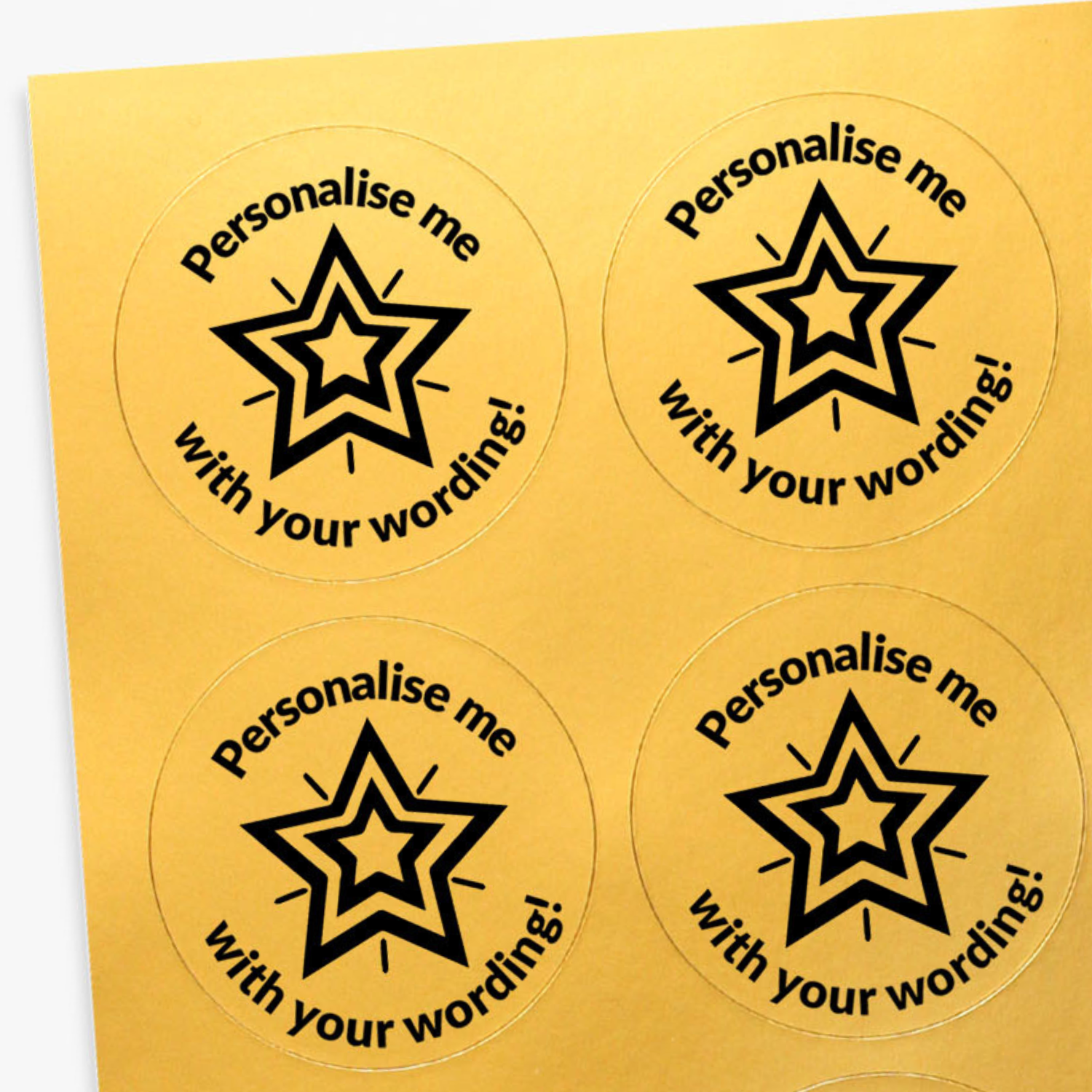Four round stickers with star design and text on a gold background