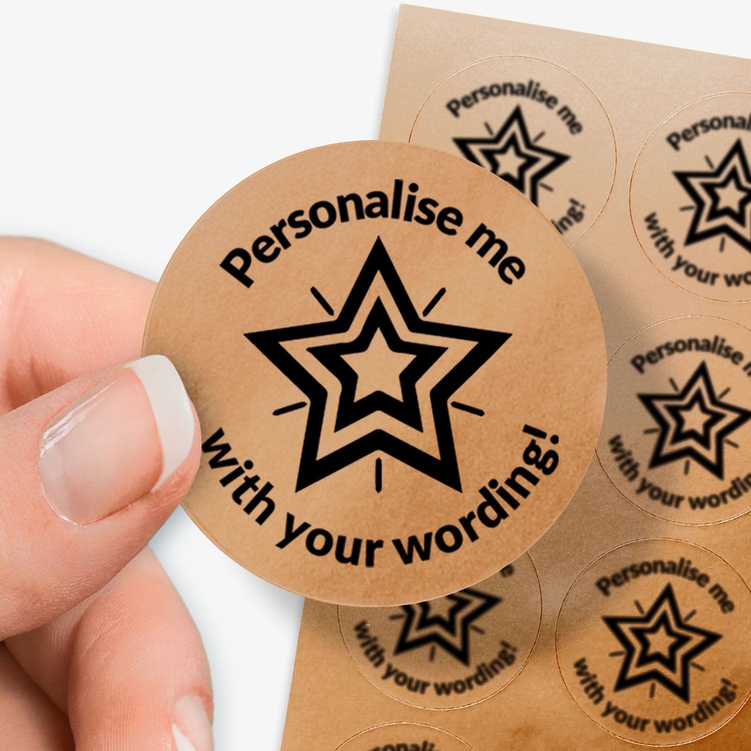Brown circular stickers with star design and text 'Personalise me with your wording!' held by a hand.