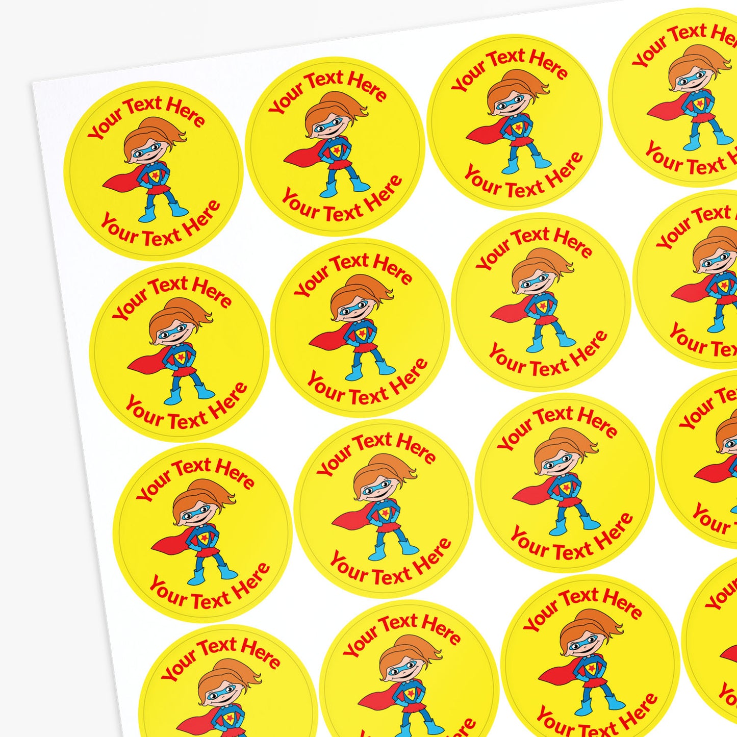 Superhero stickers with customizable text on a white background