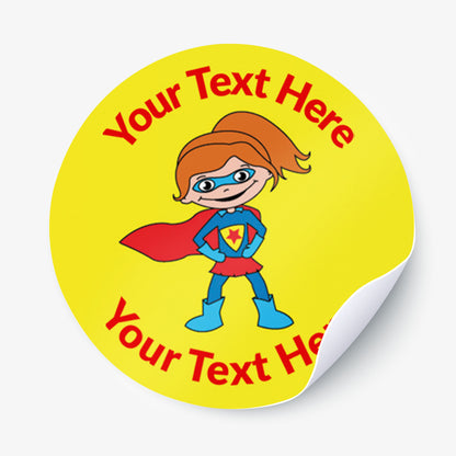Round sticker with superhero graphic and text area on yellow background