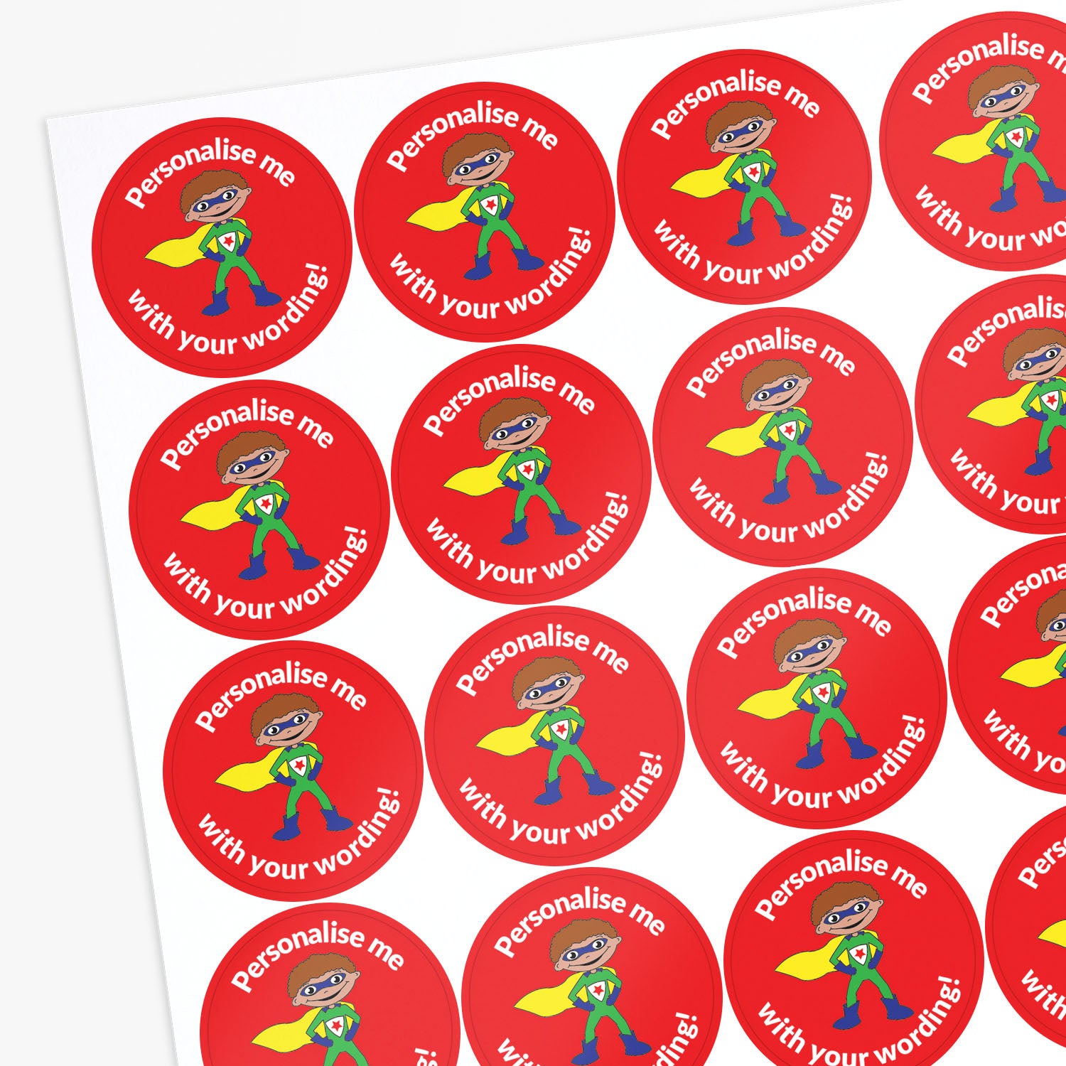 Sheet of red stickers with superhero design and text 'Personalise me with your wording!' on a white background.