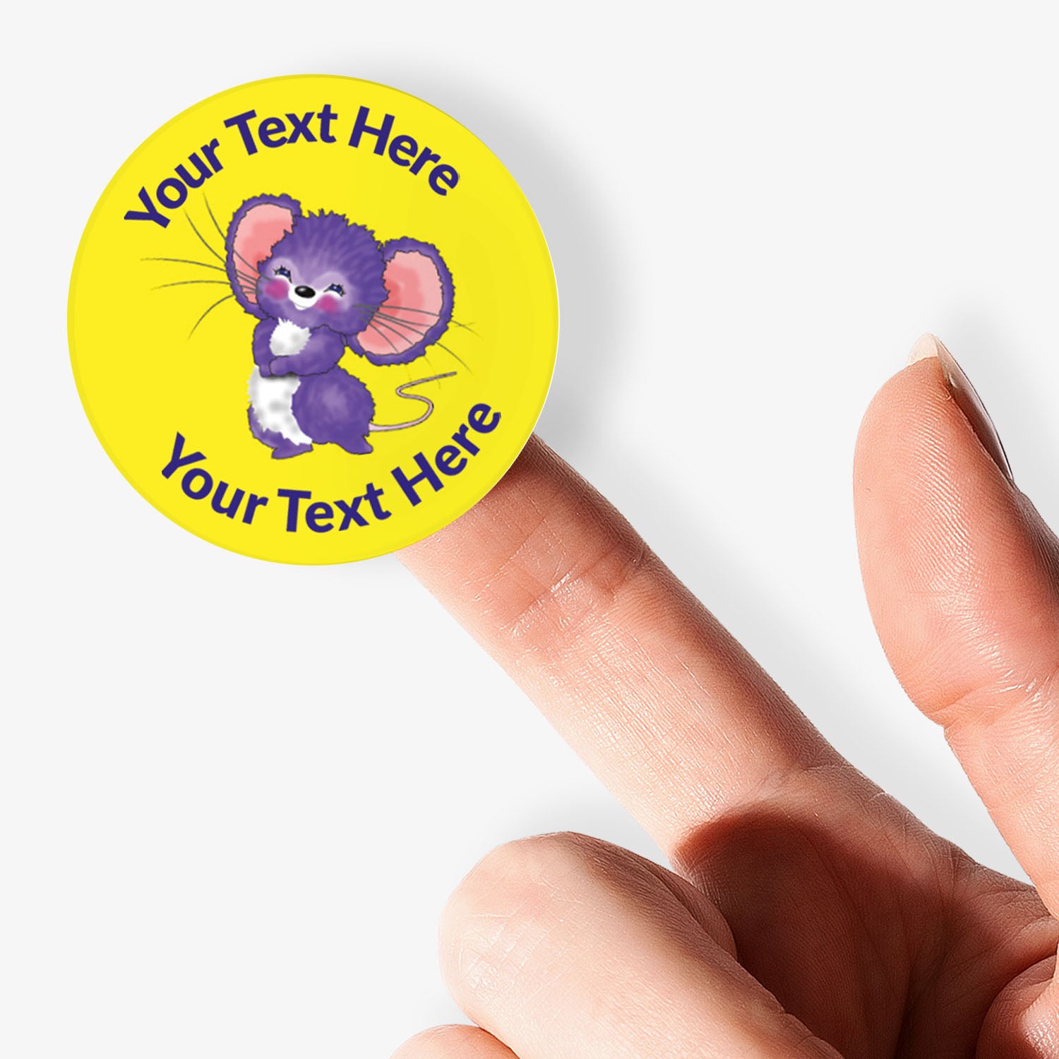 Personalizable sticker with a cartoon mouse design held by a hand on a white background