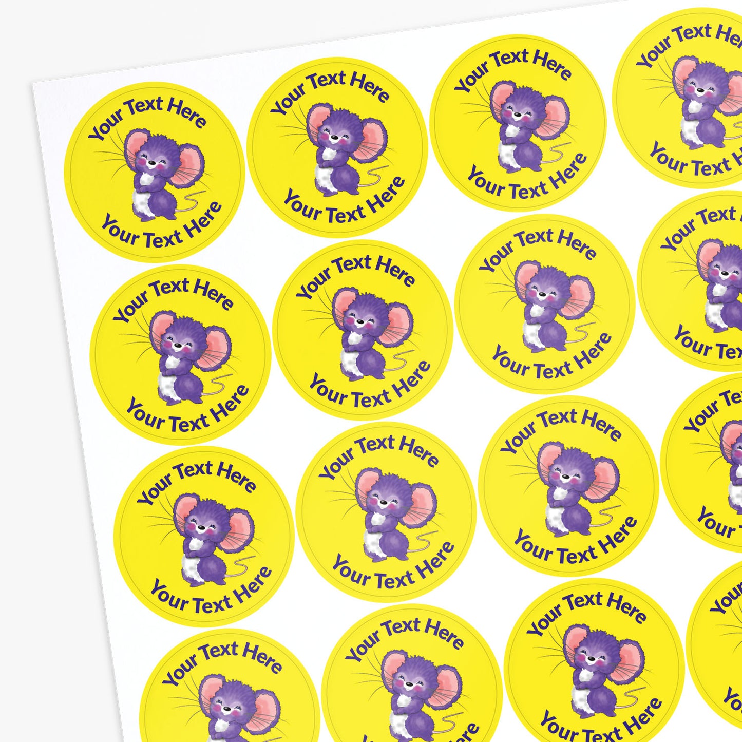 Sheet of personalized stickers with a purple elephant character on yellow circles.