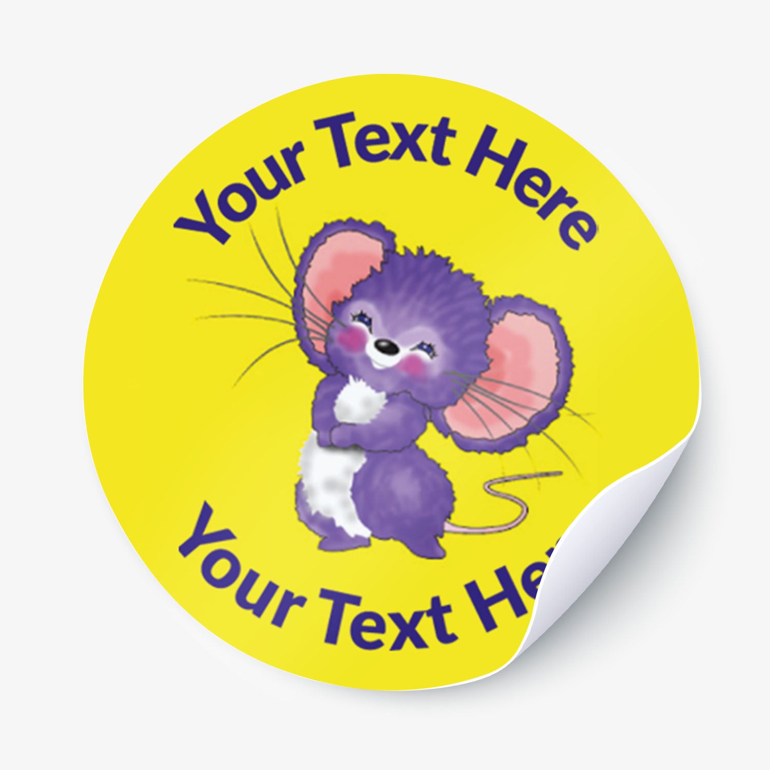 Round sticker with a purple mouse illustration and customizable text on a yellow background